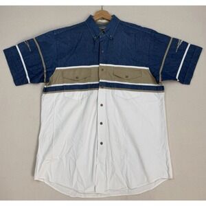 Cumberland Outfitters Mens Aztec Denim White Tan Dress Shirt L Embroiderd Detail
